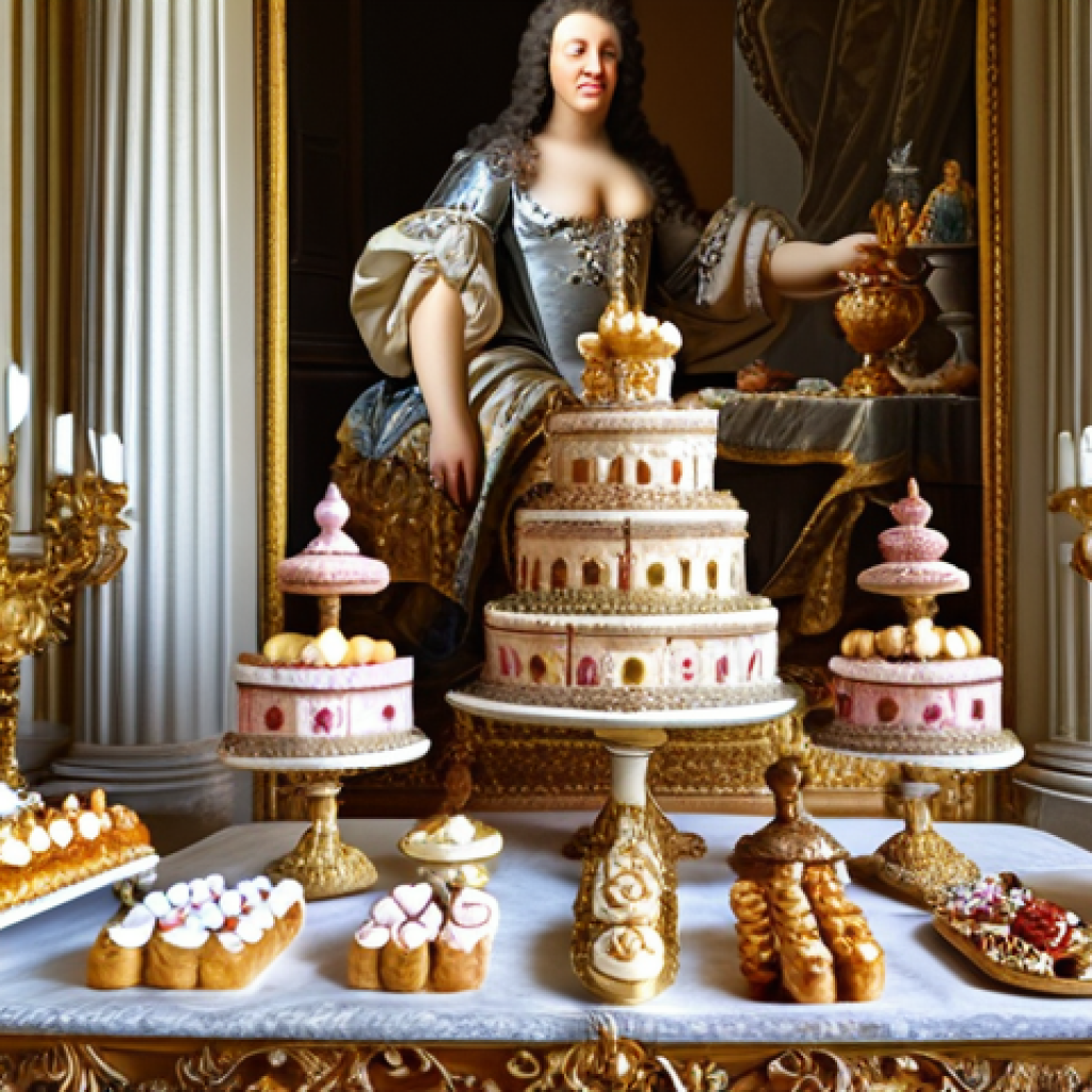 A lavish dessert table at the Palace of Versailles during Louis XIV's reign, showcasing elaborate sugar sculptures and pastries.