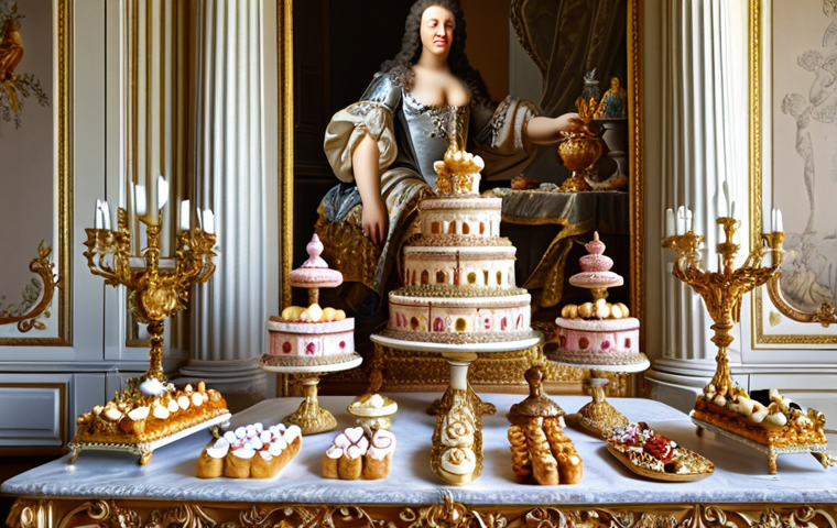 A lavish dessert table at the Palace of Versailles during Louis XIV's reign, showcasing elaborate sugar sculptures and pastries.