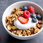 **A visually appealing yogurt granola bowl with fresh berries and sugar-free granola, showcasing a healthy and guilt-free dessert option.**