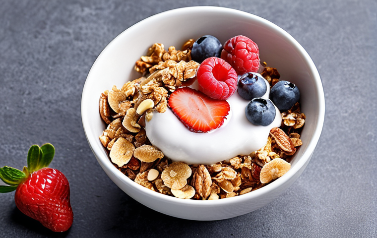 **A visually appealing yogurt granola bowl with fresh berries and sugar-free granola, showcasing a healthy and guilt-free dessert option.**