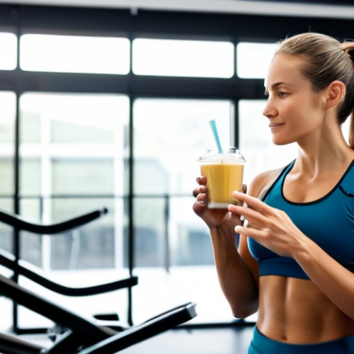 Home 4 A professional, healthy-looking woman in modest, activewear is taking a mindful moment to enjoy a post-workout healthy snack in a clean, modern gym environment. She is holding a clear glass of protein smoothie, with a banana and a few boiled eggs visible on a small table next to her. Her posture is relaxed and natural, conveying a sense of energy and well-being. The background is softly blurred, indicating a clean and functional gym space. Perfect anatomy, correct proportions, natural pose, well-formed hands, proper finger count. Professional photography, sharp focus, natural lighting, clean aesthetic. safe for work, appropriate content, fully clothed, professional.