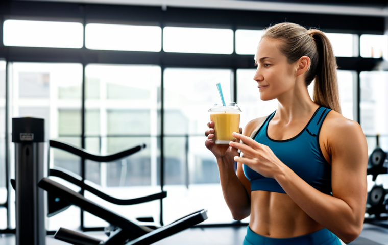 A professional, healthy-looking woman in modest, activewear is taking a mindful moment to enjoy a post-workout healthy snack in a clean, modern gym environment. She is holding a clear glass of protein smoothie, with a banana and a few boiled eggs visible on a small table next to her. Her posture is relaxed and natural, conveying a sense of energy and well-being. The background is softly blurred, indicating a clean and functional gym space. Perfect anatomy, correct proportions, natural pose, well-formed hands, proper finger count. Professional photography, sharp focus, natural lighting, clean aesthetic. safe for work, appropriate content, fully clothed, professional.